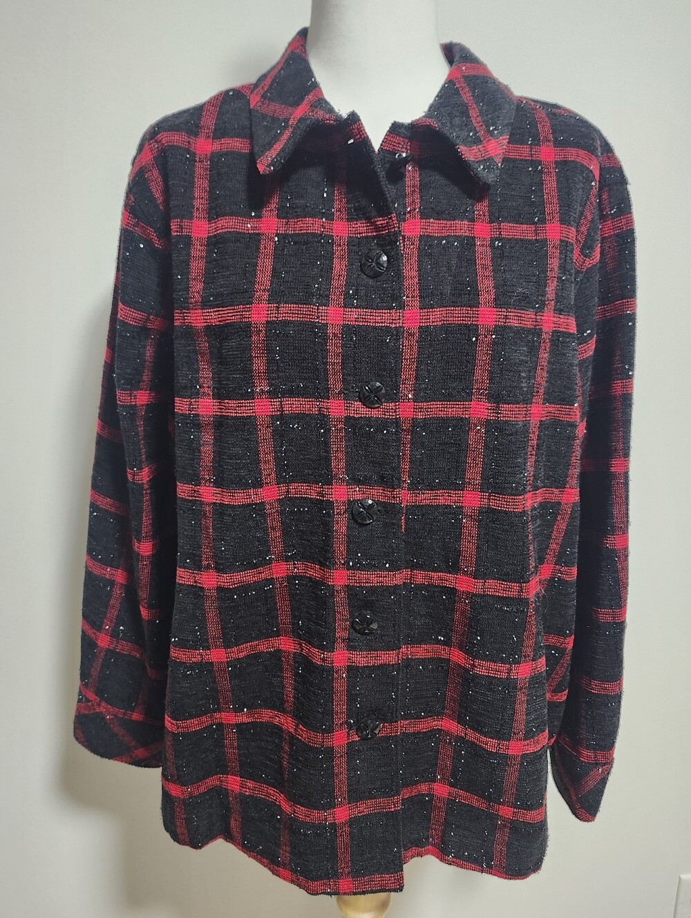 Allison Daley Black and Red Plaid Button Front Jacket W Silver Metallic Detail